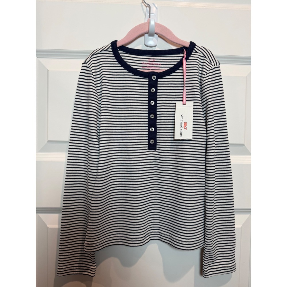 Vineyard Vines Girls Navy White Striped Henley Long Sleeve Top Size S 7-8 NWT
